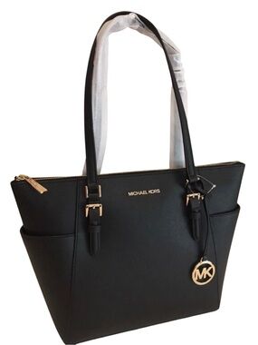 NWT Michael Kors Charlotte Large Top Zip Tote Women Leather Black Gold Charm OS